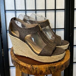Michael Kors‎ Womens Damita Wedge Sz 10 Brown Logo Espadrille Zip Up Sandal EUC